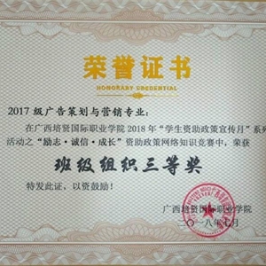 2017级广告策划与营销专业获“励志☺️,诚信,成长”资助政策网络知识竞赛班级组织三等奖